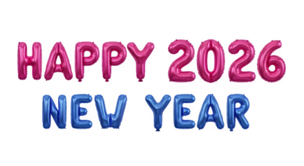Happy 2026 new year balloons text isolated on transparent background