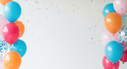 Birthday. Colorful balloons in vibrant shades of blue, pink, orange, and red create a festive atmosphere for a children's birthday celebration with confetti in the air and bright decorations