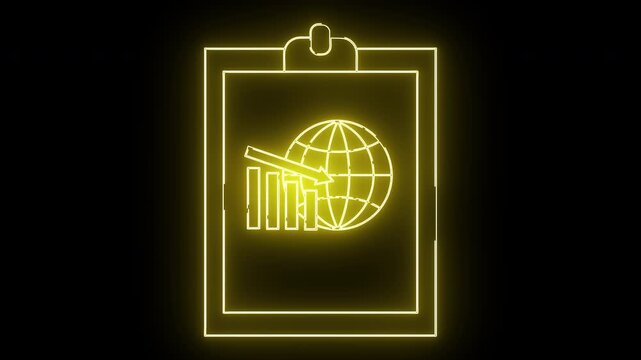A neon style drawing of a clipboard with a globe bar graph and arrow