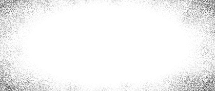 Stipple sand grain gradient texture. Fading sprayed dot frame background. Grunge dotted noise pattern wallpaper with zoom effect. Vector vignette grainy halfton patern backdrop. Radial border overlay