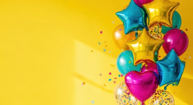 Colorful balloons in various shapes including stars and hearts, floating against a bright yellow background, creating a festive atmosphere for a children's birthday celebration with copy space - Powered by Adobe