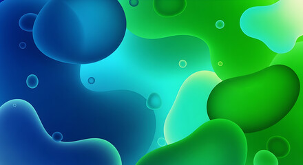 Colorful and flowing abstract background composed of organic, liquid-like shapes and bubbles in vibrant gradients of blue, teal, and bright green. The smooth, glossy forms suggest motion, water, or ch