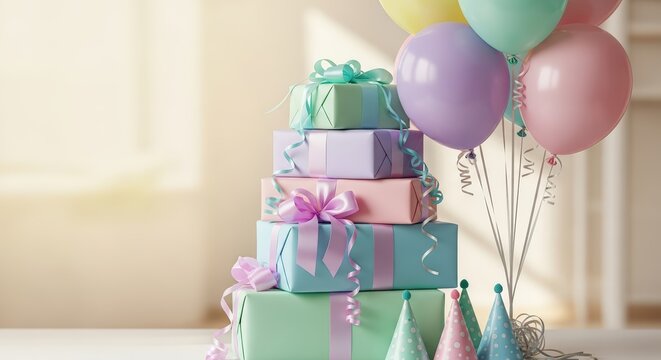 Birthday. Colorful stacked birthday presents with pastel ribbons and balloons, creating a festive atmosphere for children's celebrations and joyful moments of happiness