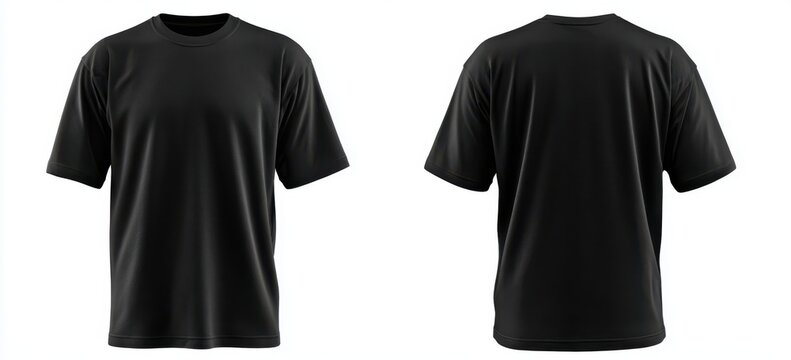 black t-shirt template set on a white background, front and back views of the same black oversized t-shirts isolated with a clipping path for design mockup or presentation, fashion concept