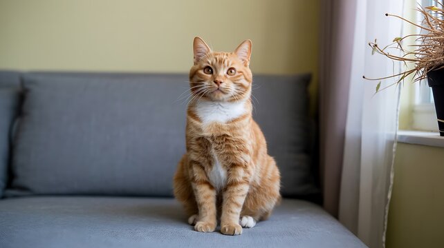 Orange tabby cat sitting on couch looking at camera pet photography domestic feline animal