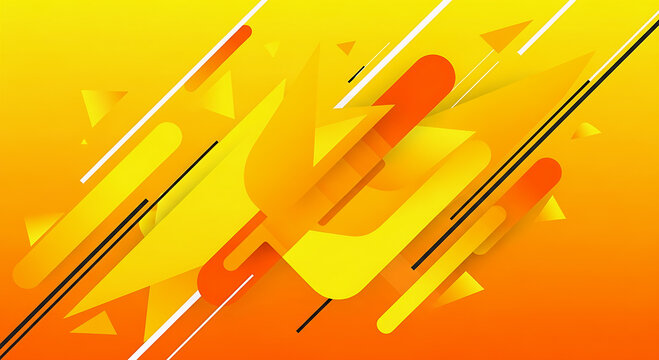 Energetic and dynamic abstract background in bright yellow and orange. Features various geometric shapes, triangles, and lines in motion blur, creating a sense of speed and action, suitable for techno