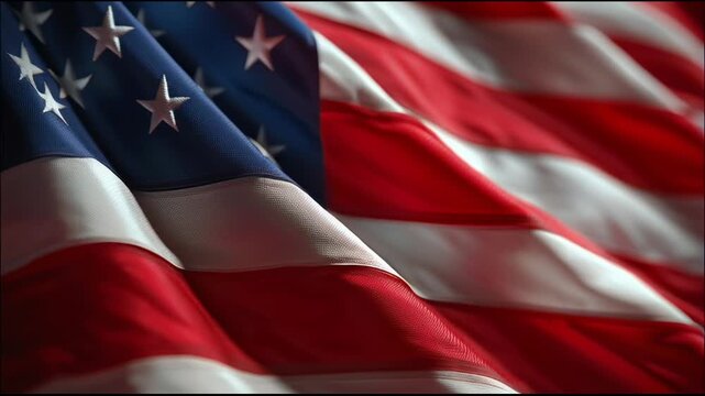 Dynamic close-up of a vibrantly waving national flag, showcasing its bold red, white, and blue, evoking patriotism and enduring liberty