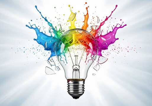 A bright idea explodes with vibrant rainbow colors symbolizing creativity and innovation bursting forth from a light bulb