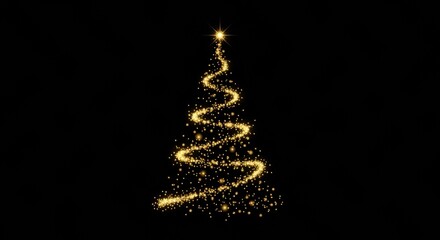 Christmas tree formed by a continuous glittering golden particle trail with a bright star on top