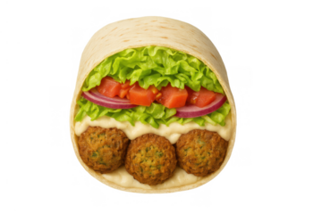 Falafel wrap filled with crisp lettuce, diced tomatoes, red onions, creamy sauce over falafel balls, transparent background