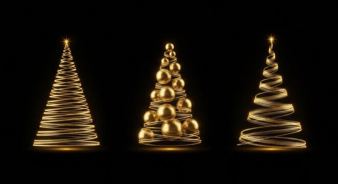 Set of three abstract golden light spiral Christmas trees with glossy ornaments on black background