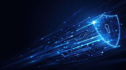 Abstract Blue Cybersecurity Network Featuring a Shield and Padlock With Glowing Arrows and Digital Flow in a Futuristic Design