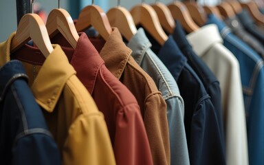 Clothes on hangers - second hand clothes store or thrift shopping concept. Clothing rental service. Vintage jackets for sale at flea market. Selective focus. High quality