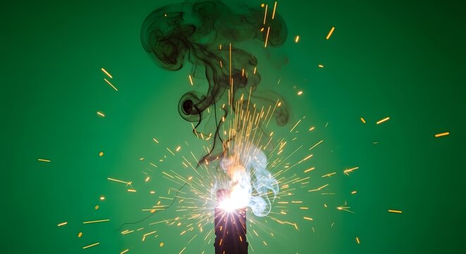 A close up shot of welding sparks and smoke against a green background in a studio setting