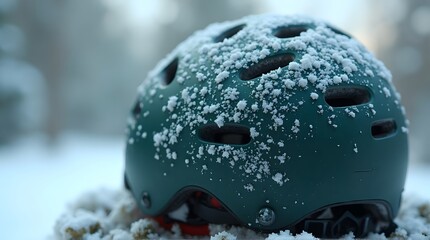 Close-up of a dark green winter sports helmet covered in fresh snow on a cold day