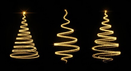 Three different abstract Christmas trees formed by glowing golden light trails on a dark background