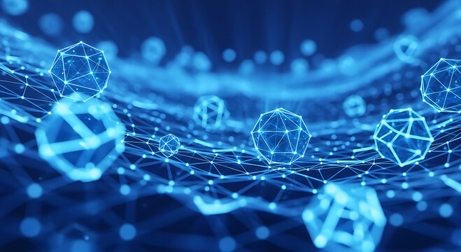 Abstract 3D rendering depicting a complex digital network or decentralized system, featuring glowing polygonal geometric shapes (icosahedrons/dodecahedrons) connected by lines and dots, all in a vibra