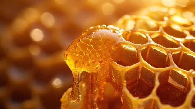 Golden Honeycomb with Dripping Nectar and Warm Bokeh Background.