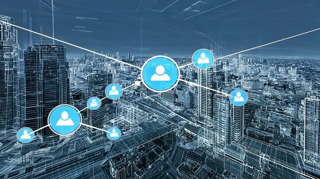 Futuristic cityscape with digital connections illustrating social networking in an urban environment - Powered by Adobe