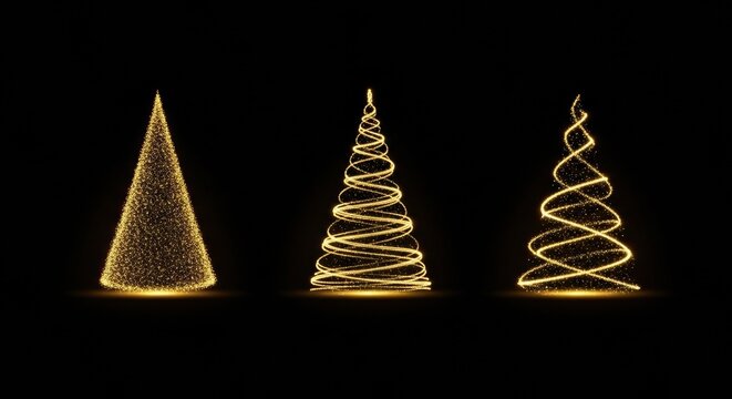 Set of three abstract gold particle and light spiral Christmas trees on a reflective black surface - Powered by Adobe