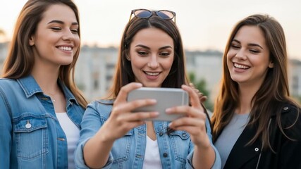 Three young women look at a cell phone, smiling