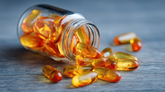 Beautiful photo of glass bottle containing fish oil gel capsules rich in omega 3, vitamin D supplements.