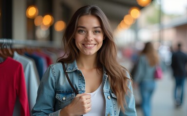 A young woman buys clothes at a flea market or a second-hand store. A girl is shopping at a sale.The concept of sustainable fashion.A cheap garage sale, a second-hand store. High quality