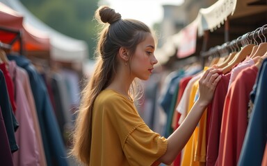 A young woman buys clothes at a flea market or a second-hand store. A girl is shopping at a sale.The concept of sustainable fashion.A cheap garage sale, a second-hand store. High quality