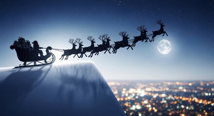 A dramatic low-angle shot of Santa's sleigh on a snowy rooftop, the reindeer's harness bells sharp, with the town's city lights below blurred into a sprawling bokeh carpet.