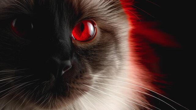 Mysterious Gaze: A captivating cat, its eyes blazing with an intense red glow, emerges from shadows, drawing viewers into a world of enigmatic allure.