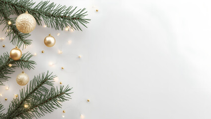 Minimalist White Christmas Background with Pine and Gold Ornaments