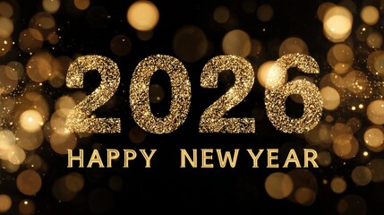 Beautiful photo of happy new Year, new Year's eve celebartion holiday greeting card long banner, illustration with text Golden year 2026, clock and bokeh lights on black.