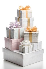Stacked luxurious ribbon-decorated Christmas gift boxes