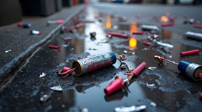 Discarded firework remnants on wet street after a celebration, reflecting city lights.