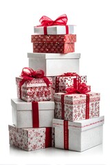 Stacked red ribbon decorated Christmas gift boxes
