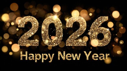 Beautiful photo of happy new Year, new Year's eve celebartion holiday greeting card long banner, illustration with text Golden year 2026, clock and bokeh lights on black.