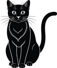 Elegant black cat sitting upright with detailed fur texture, cute face, long tail, isolated on white background, minimalist vector illustration design