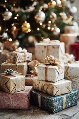 Christmas tree and stacked gift boxes