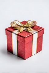 Christmas gift box decorated with ribbon isolated on white background