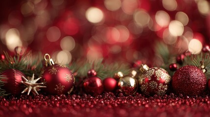 Beautiful photo of red banner with Christmas decorations on blurred bokeh effect background.