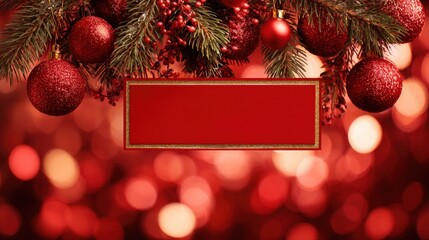 Beautiful photo of red banner with Christmas decorations on blurred bokeh effect background.