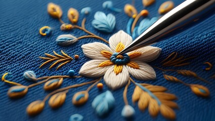 Intricate floral embroidery design on blue fabric with embroidery needle