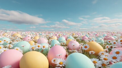 Beautiful photo of spring meadow full of easter eggs and flowers, pastel color scheme, 3d.