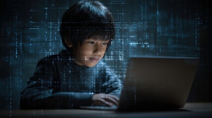 Cyber Security Awareness With Asian Boy Using Laptop to Promote Online Safety and Child Protection in a Digital World
