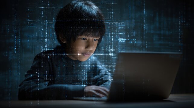 Cyber Security Awareness With Asian Boy Using Laptop to Promote Online Safety and Child Protection in a Digital World