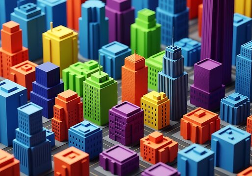 A vibrant colorful cityscape of miniature buildings in a variety of bright saturated hues creating a playful urban landscape
