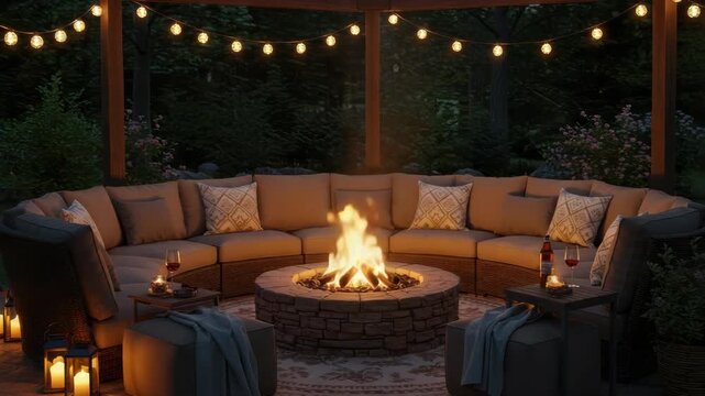 Outdoor lounge area with fire pit and string lights