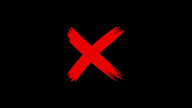 Red cross mark animation on black background, Error or cancel symbol animation, stop and not allowed sign chroma key background.