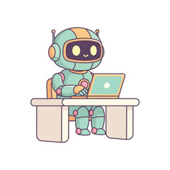 Cartoon Robot Working on Laptop at Desk Smiling and Happy.
