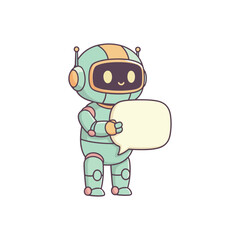 Friendly cartoon robot character in teal and orange holding an empty speech bubble for text or message.